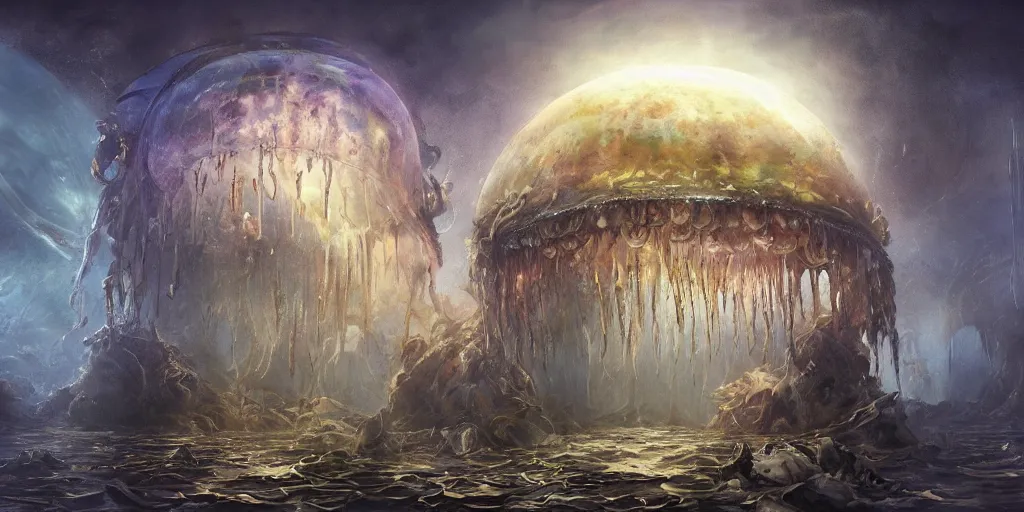 Image similar to concept art of giant translucent glowing jellyfishes, renaissance, divers helmet, lots of teeth, melting horror, round moon, rich clouds, fighting the horrors of the unknown, mirrors, very detailed, volumetric light, mist, grim, fine art, decaying, textured oil over canvas, epic fantasy art, very colorful, ornate, anato finnstark