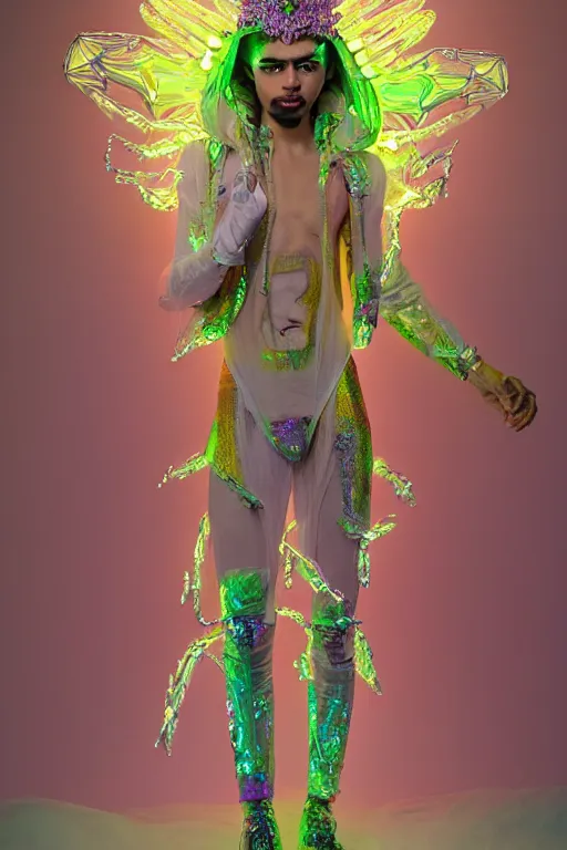 Image similar to full-body rococo and cyberpunk delicate neon crystalline sculpture of ((muscular albino prince Zayn Malik)) as an iridescent humanoid deity wearing a thin see-through ((plastic hooded cloak)) (holding a human skull) in a white castle dungeon, reclining con (((las piernas abiertas))), glowing pink face, crown of (white lasers), large diamonds, swirling black silk fabric. futuristic elements. oozing glowing liquid, full-length view. space robots. intricate artwork by caravaggio. Trending on artstation, octane render, cinematic lighting from the right, hyper realism, octane render, 8k, depth of field, 3D