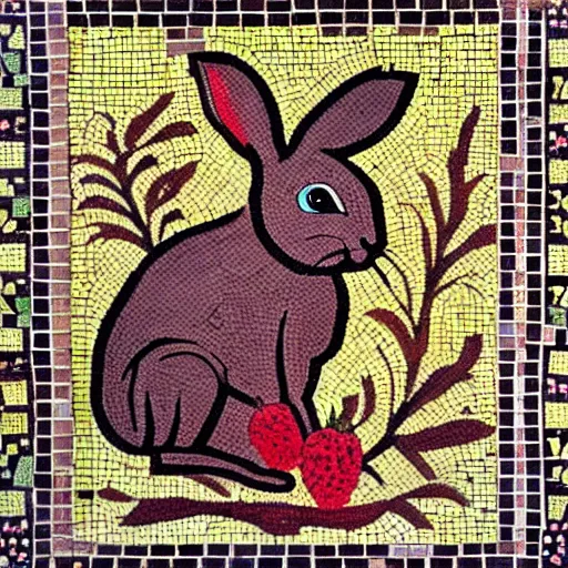 Image similar to a rabbit eating raspberries in the style of ancient mosaic