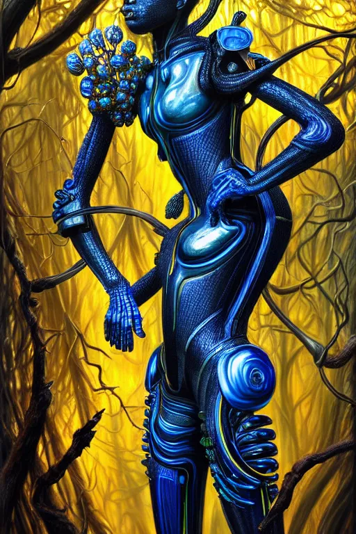 Image similar to hyperrealistic maximalist super expressive! black woman with exoskeleton armor, merging with tree in a forest, highly detailed concept art masterpiece smooth cam de leon hannah yata dramatic pearlescent blue yellow light ground angle hd 8k sharp focus