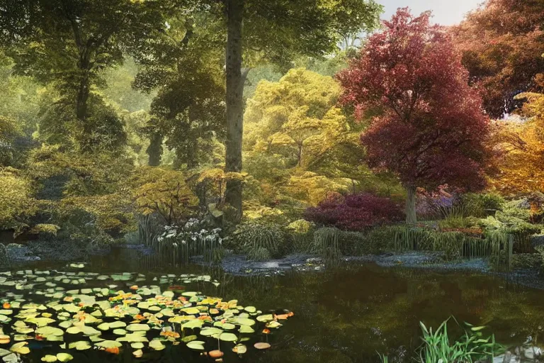 Image similar to A lovely overgrown temple in a pond full of lily pads with autumn!!! trees overhead and blue aberrant skies, trending on artstation, 4k, 8k, illustrated and reimagined by Max Hay, yellow dappled lighting, eye-level view, artstation 3d, artstation render, artstation 3d render, 3d art, unreal engine 3d, octane 3d, blender 3d, 3d landscape, photorealistic imagery, photorealistic details, intricate, highly detailed, fisheye!!! view!!!, lens distortion!!!, chromatic aberration