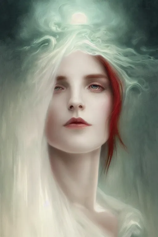 Image similar to portrait of white ghost, dark fantasy, gradient white red grey, dreamy and ethereal, green eyes, golden ratio, peaceful expression, lace, fantasy, intricate, elegant, stormy sky, highly detailed, digital painting, artstation, concept art, smooth, b sharp focus, illustration, art by artgerm and greg rutkowski and alphonse mucha