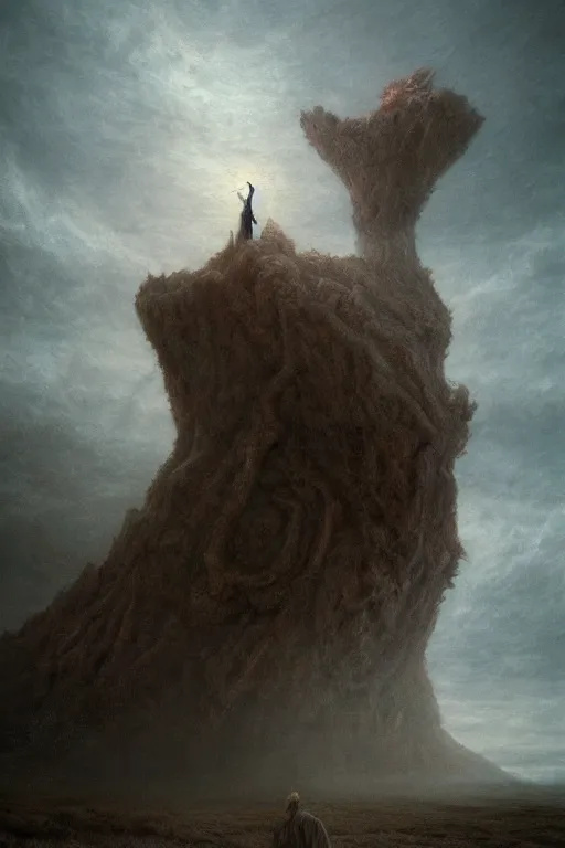 Image similar to a tall terrifying humanoid beast looming over a tiny human in a surreal landscape at dusk, dark fantasy, artstation, cinematic, epic lighting, agostino arrivabene