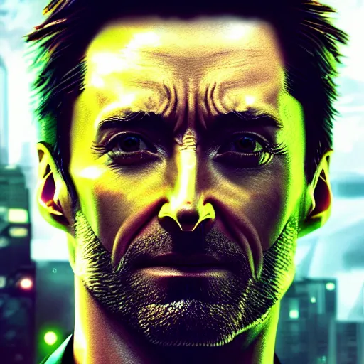 Prompt: hugh jackman portrait, cyberpunk 2 0 7 7, photorealistic, ultra detailed, neon, octane rendered, bokeh, cinematic lighting, cyber, cyberpunk city, feature, scars, cyberface, 8 k