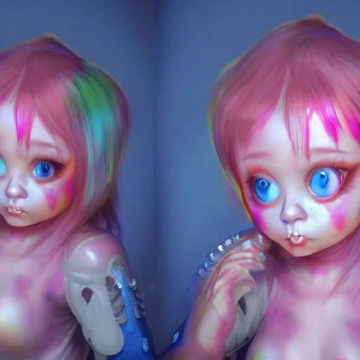 Image similar to A full body shot of a cute and mischievous huggy-wuggy from poppy-playtime the video game. Fancy Dress. Subsurface Scattering. Translucent Skin. Rainbow palette. defined facial features, symmetrical facial features. Opalescent surface. beautiful lighting. By Giger and Ruan Jia and Artgerm and WLOP and William-Adolphe Bouguereau. Photo real. Hyper-real. Photorealism. Fantasy Illustration. Sailor Moon hair. Masterpiece. trending on artstation, featured on pixiv, award winning, cinematic composition, dramatic pose, sharp, details, Hyperrealism, HD, HDR, 4K, 8K.