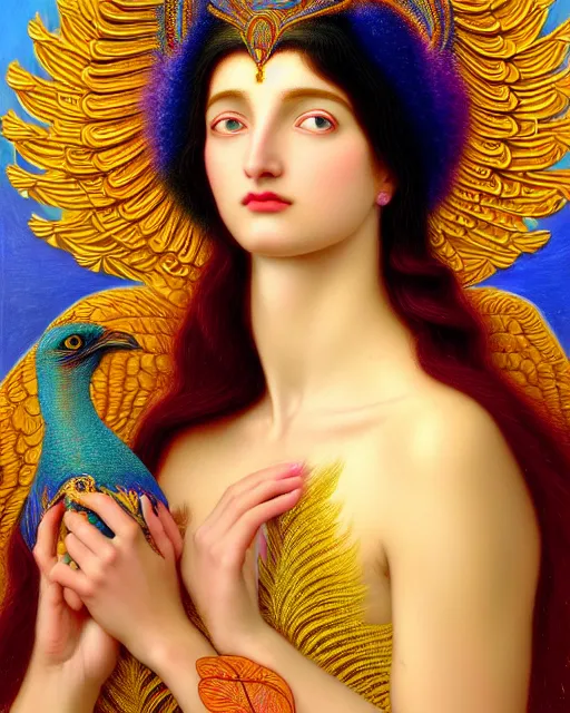 Image similar to portrait of the beautiful young goddess of birds, unusual beauty, etheric, outworldly colours, emotionally evoking symbolic metaphors, head in focus, fantasy, ornamental, intricate, elegant, highly detailed painting style photo, artstation, concept art, painterly, golden ratio, sharp focus, illustration, art by john william godward and leonora carrington and alphonse mucha,