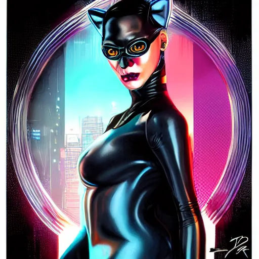 Prompt: lofi cyberpunk catwoman portrait, Pixar style, by Tristan Eaton Stanley Artgerm and Tom Bagshaw.