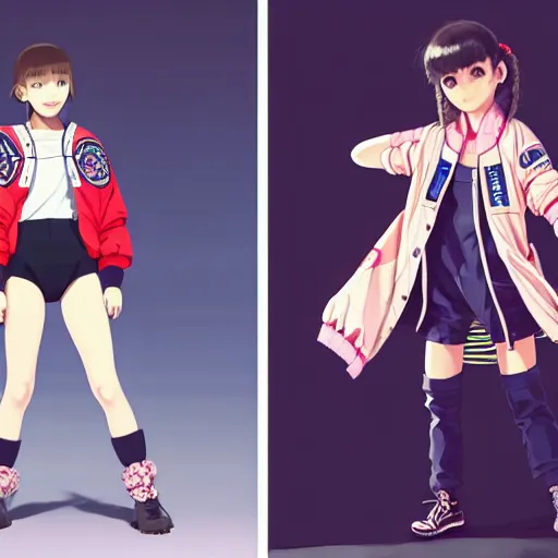 Image similar to a beautiful boyish natalie portman gravure model, wearing oversized mayan bomber jacket and leotard with overalls, bulky poofy bomber jacket with mesoamerican patterns, mesoamerican street fashion, gapmoe yandere grimdark, trending on pixiv fanbox, painted by greg rutkowski makoto shinkai takashi takeuchi studio ghibli, akihiko yoshida