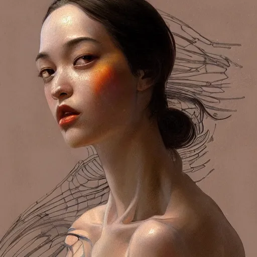 Image similar to Kiko Mizuhara, physically accurate, dynamic lighting, intricate, elegant, highly detailed, digital painting, artstation, HR GIGER, Hieronymus Bosch, Francis Bacon, concept art, smooth, sharp focus, illustration, art by artgerm and greg rutkowski and alphonse mucha