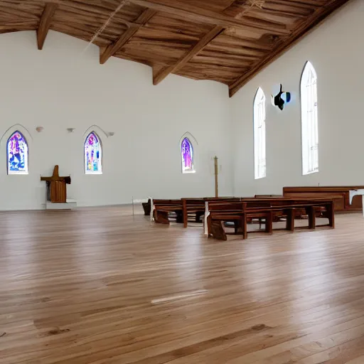 Prompt: a Church interior with white walls and wood floor