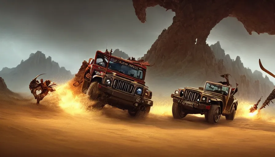 Prompt: mahindra thar, tribe members attacking, action scene, an epic fantasy, dramatic lighting, cinematic, establishing shot, extremely high detail, photorealistic, cinematic lighting, maxwell boas jessica rossier christian dimitrov anton fadeev, zaha hadid, trending on artstation, cgsociety, rendered in unreal engine 4 k hq