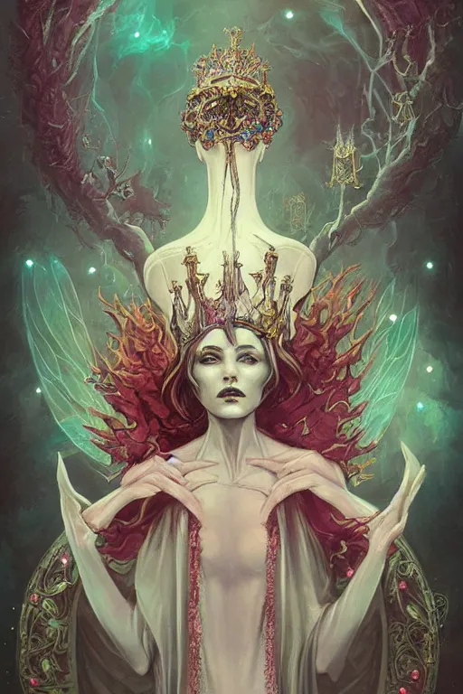 Image similar to jeweled Crown, other worldly, fairy necromancer court, bones, art nouveau, by Anato Finnstark, Tom Bagshaw, Brom