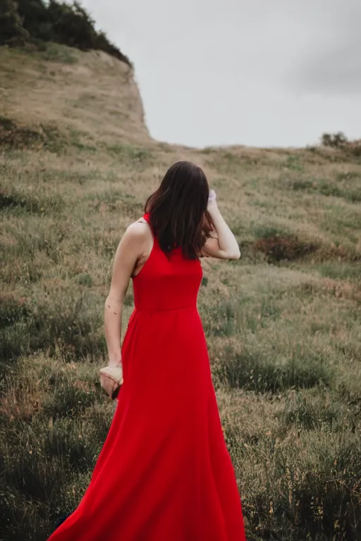 Image similar to woman in a red sleeveless dress, out of focus