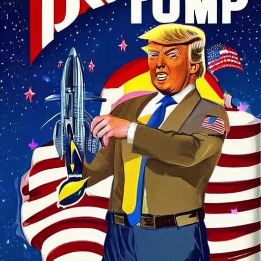 Image similar to donald trump as rocket pilot, pulp art, full color, space art,