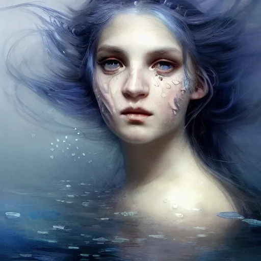 Image similar to dreams of the fae, papery flaking skin, with different colored eyes and flowing hair underwater, three-quarters portrait, intricate, elegant, sharp focus, illustration, highly detailed, digital painting, concept art, matte, by Aleksi Briclot and by Ivan Aivazovsky and by Greg Rutkowski, artgerm, wlop, masterpiece, art nouveau, baroque, fauvism