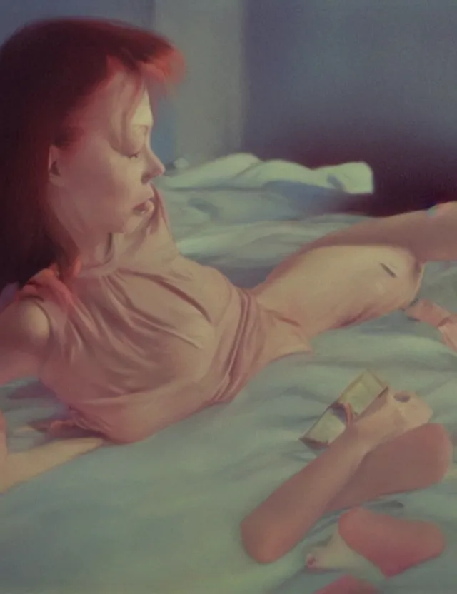 Prompt: girl in pajama watching television, blue rays from monitor, redshift, wide shot, coloured polaroid photograph with flash, kodak film, hyper real, stunning moody cinematography, anamorphic lenses, by maripol, fallen angels by wong kar - wai, style of suspiria and neon demon and bahnhof zoo, david hockney, detailed, oil on canvas