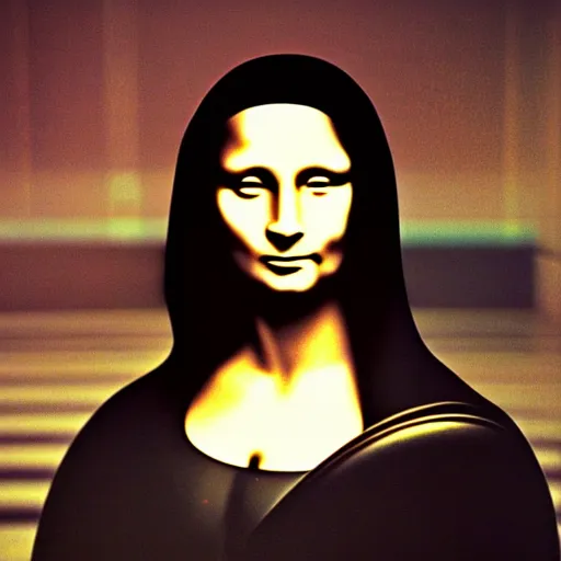 Image similar to cinematic movie still of cybernetic character named Mona Lisa in Neuromancer, futuristic eye implant, cyberpunk, XF IQ4, 150MP, 50mm, F1.4, ISO 200, 1/160s, twilight in the city