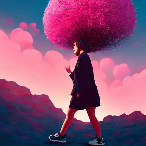 Image similar to giant cherry blossom flower as a head, girl walking in a canyon, surreal photography, sunrise, dramatic light, impressionist painting, colorful clouds, digital painting, artstation, simon stalenhag