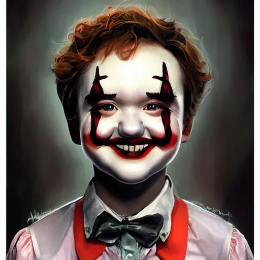 Image similar to Young Haley Joel Osment from the movie AI as cute clown, by Stanley Artgerm Lau, WLOP, Rossdraws, James Jean, Andrei Riabovitchev, Marc Simonetti, Yoshitaka Amano, ArtStation, CGSociety,