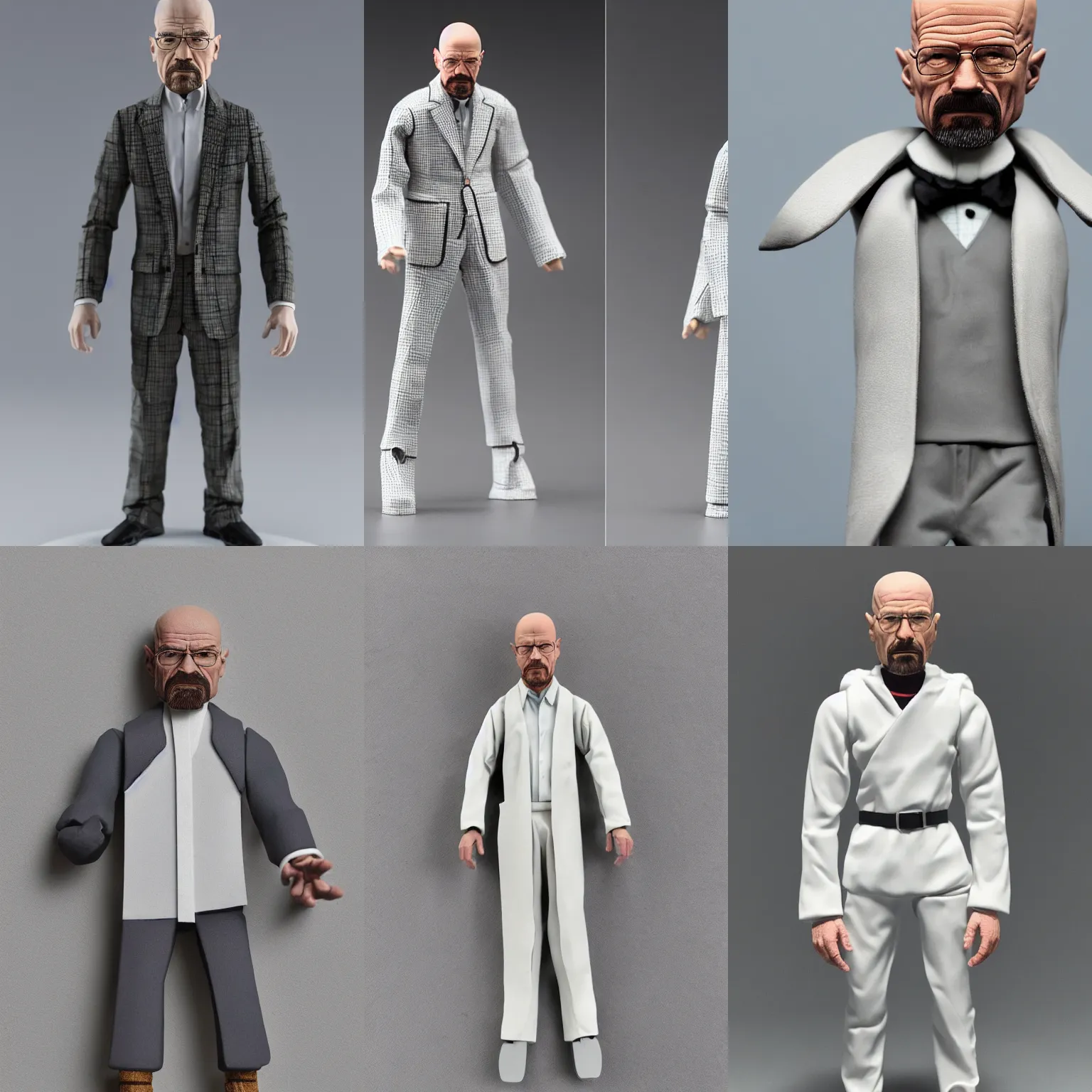 Prompt: walter white as very stylized figure with no joint articulation, highly detailed, intricate, clean forms with sharp stylized clothing folds, product photo