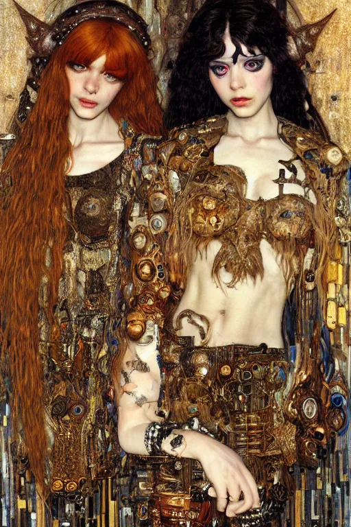 Prompt: portrait of beautiful young gothic maidens, cyberpunk, Warhammer, highly detailed, artstation, illustration, art by Gustav Klimt