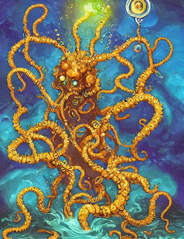 Image similar to lovecraftian deity of water and gemstones. this oil painting by the beloved children's book illustrator has interesting color contrasts, plenty of details and impeccable lighting.