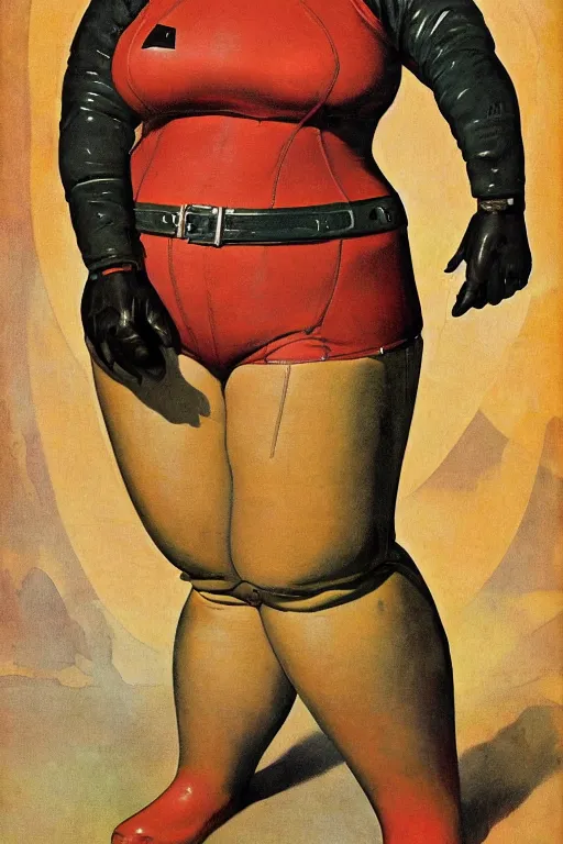 Image similar to 5 0 s pulp scifi fantasy illustration full body portrait cheerful obese woman in leather spacesuit on mars, by norman rockwell, roberto ferri, daniel gerhartz, edd cartier, jack kirby, howard v brown, ruan jia, tom lovell, frank r paul, jacob collins, dean cornwell, astounding stories, amazing, fantasy, other worlds