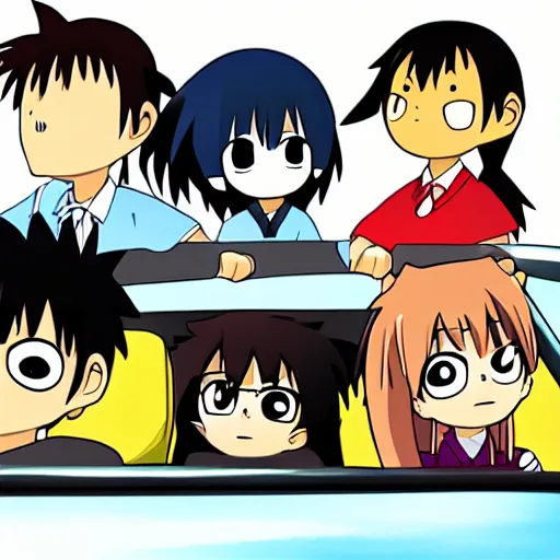 Image similar to Characters from Azumanga Daioh driving a car, in the style of azumanga daioh, 4k, dynamic lighting