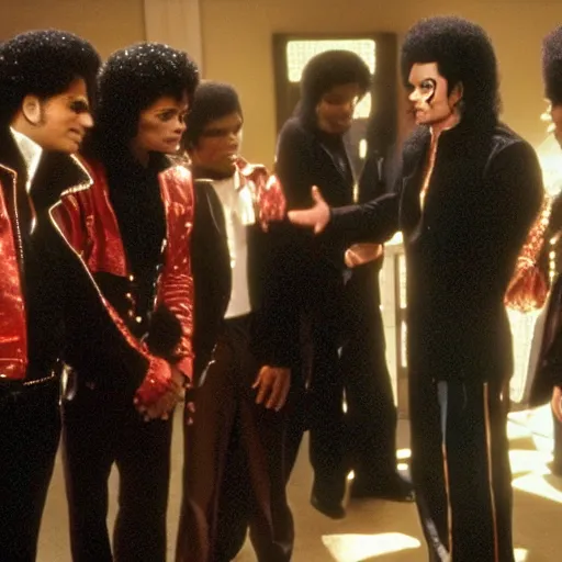 Prompt: michael jackson talking to the jacksons 5 michael jackson, movie still 8 k hdr atmospheric lighting