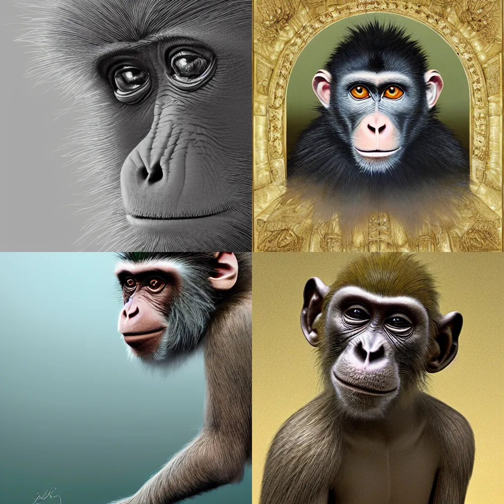 Prompt: a beautifully and highly detailed painting of a majestic Monkey, by Iwan Baan, Studio Ghibli, David Friedrich and Martin Johnson Heade, higly intricate, sophisticated and complex digital painting, concept art, hyperrealism, Cinema 4D, 8k resolution, 64 megapixels, CGSociety, ZBrush Central, behance HD, hypermaximalist, a masterpiece, parallax, geometric colorful, detailed