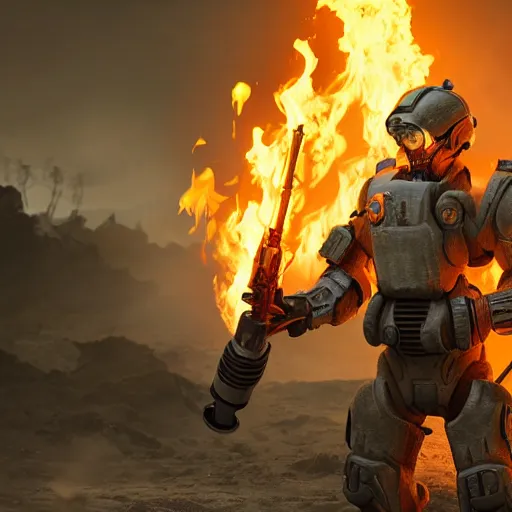 Image similar to a soldier wearing a full set of hellfire advanced power armor and holding a flamethrower, 3 d render, octane, ray tracing, ultra detailed, photorealistic, high resolution, 8 k, fire, jungle