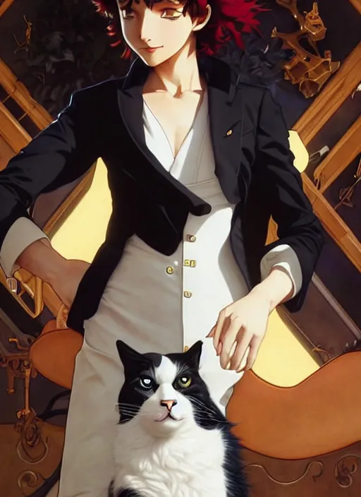 Image similar to ein from cowboy bebop playing with a tuxedo cat, intricate, elegant, hyper detailed, ultra definition, photoreal, artstation, unreal engine rendered, concept art, smooth, sharp focus, illustration, art by artgerm and greg rutkowski and alphonse mucha and garis edelweiss