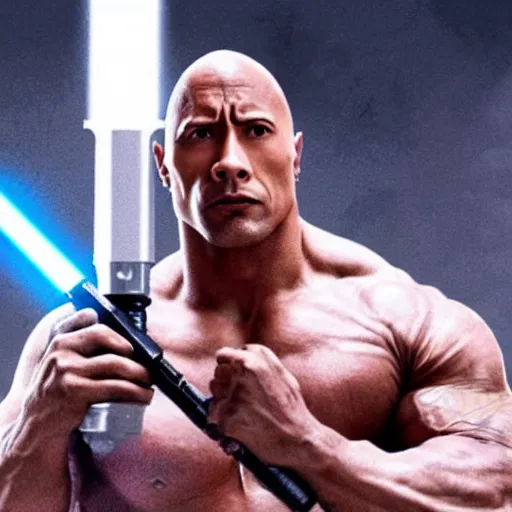 Image similar to Dwayne Johnson in Jedi Robes holding a lightsaber