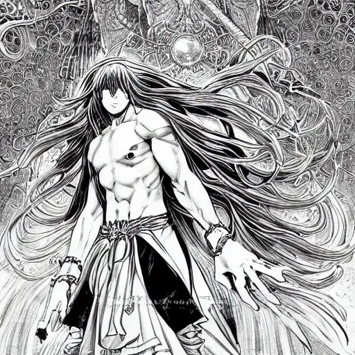 Prompt: highly detailed perspective drawing black and white goetic pen and ink manga panel by hiroya oku!! mucha illustrated sorcerer beautiful attractive long hair chris bell fxv flowing ritual royal!!! vagabond! graphic novel panel swords dramatic esoteric!!!!!! long hair flowing dancing illustrated in high detail by frank miller, shonen jump
