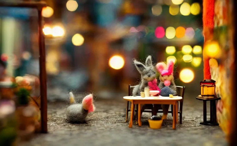 Image similar to miniature cafe diorama macro photography, cafe with felted bunnies, alleyway, ambient, atmospheric, british, cozy, bokeh, romantic, colorful lanterns