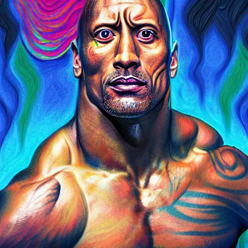 Image similar to An extremely psychedelic portrait of Dwayne Johnson, surreal, LSD, face, detailed, intricate, elegant, lithe, highly detailed, digital painting, artstation, concept art, smooth, sharp focus, illustration