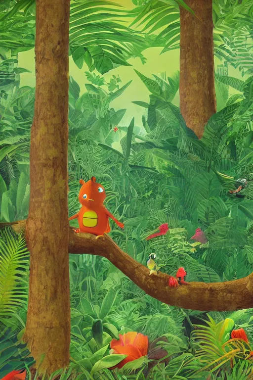 Prompt: rare bird in the jungle, hyper detailed, unreal engine render concept art, horizontal glitch, dark green, style of henri rousseau and richard scarry and hiroshi yoshida