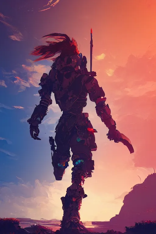 Image similar to combination suit armor aloy horizon forbidden west horizon zero dawn radiating a glowing aura global illumination ray tracing hdr fanart arstation by ian pesty and alena aenami artworks in 4 k tribal robot ninja mask helmet backpack