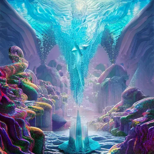 Image similar to unreal engine, octane render, intricate detail, gilbert williams portrait of a crystal temple in atlantis, iridescent dolphins swimming in the sea, unicorn flying in the sky, paleozoic atlantis