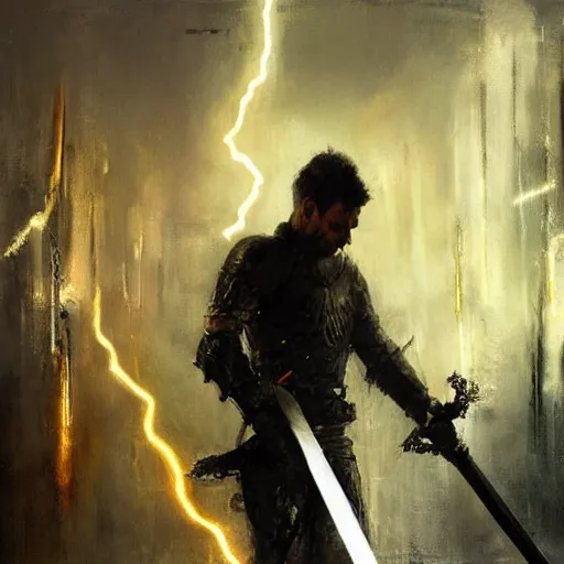 Image similar to knight holds sword made of lightning sparks everywhere, realistic, ultrahd, jeremy mann painting