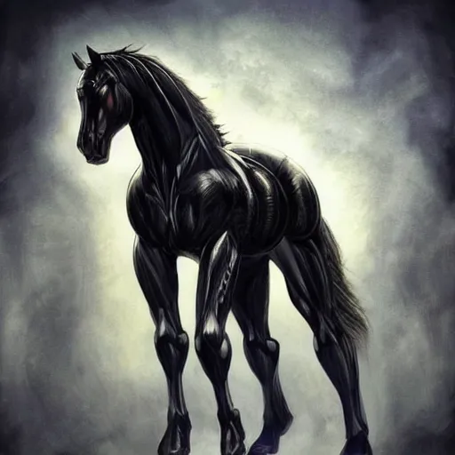 Prompt: a black exaggeratedly muscular anthropomorphized horse with a magnificently muscular physique wearing a skintight cybernetic armor while protecting a facility, long white mane, equine, anthro art, furaffinity, highly detailed, realistic, digital painting, artstation, sharp focus, concept art, illustration, art by artgerm, greg rutkowski, wlop