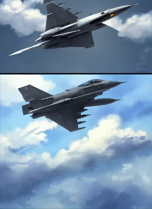 Image similar to a realistic cell - shaded studio ghibli concept art study of a fighter jet and a grey cube in the sky. wide shot, very dull colors, hd, 4 k, hq