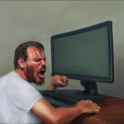 Image similar to an angry man yells at his computer monitor, oil on canvas, highly detailed