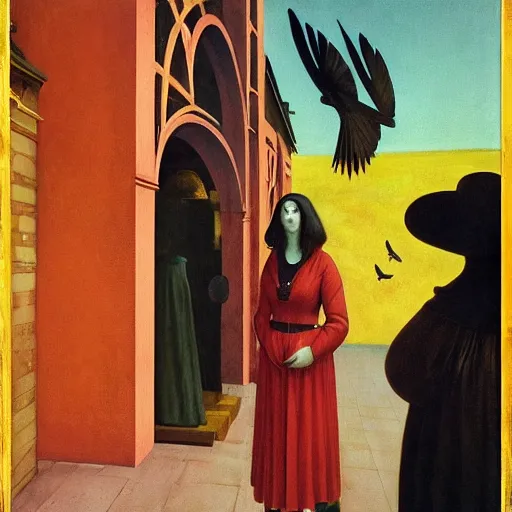 Prompt: a woman in a medieval city, a lots of crows, hyperrealistic film still by edward hopper, by gottfried helnwein, by klimt, by paolo uccello, by johfra bosschart, art nouveau, highly detailed, strong lights, liminal, eerie, symbolist, bright pastel colors