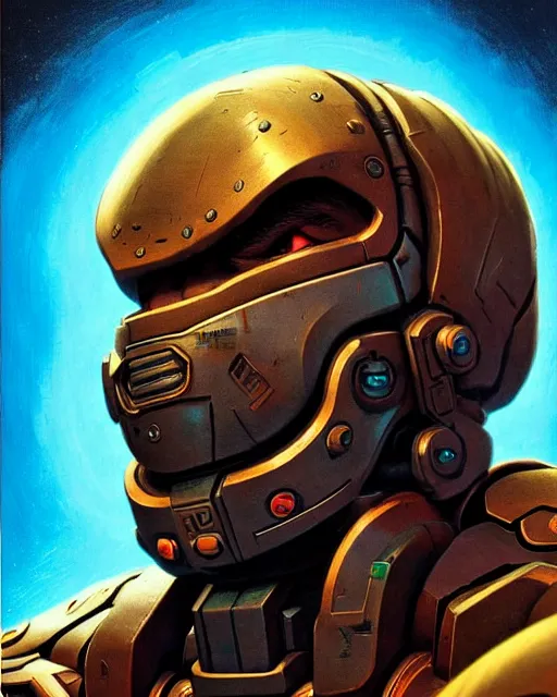 Image similar to doomfist from overwatch, character portrait, portrait, close up, concept art, intricate details, highly detailed, vintage sci - fi poster, retro future, vintage sci - fi art, in the style of chris foss, rodger dean, moebius, michael whelan, and gustave dore