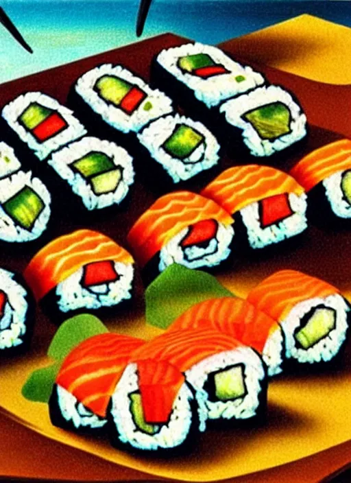 Image similar to clear photorealistic picture of disproportionate sushi, by salvador dali