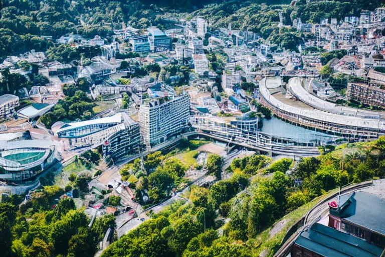 Image similar to bird's eye view photography of a small city. town hall, central farm, monorail station, beach and harbor. hills, woods and lake to the north.