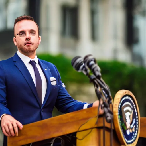 Image similar to a fox animal dressed in a suit giving a presidential speech, 8 5 mm f / 1. 4