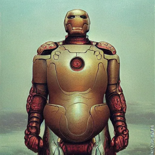 Prompt: morbidly obese ironman. wearing intricate breastplate. full body dynamic pose. by Zdzisław Beksiński