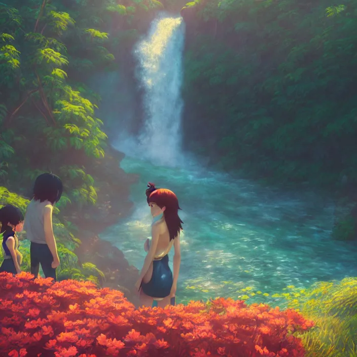 Prompt: an epic makoto shinkai and renoir landscape with a hawaiian waterfall, golden hour, 🌺, ultra smooth, octane render, lois van baarle, ilya kuvshinov